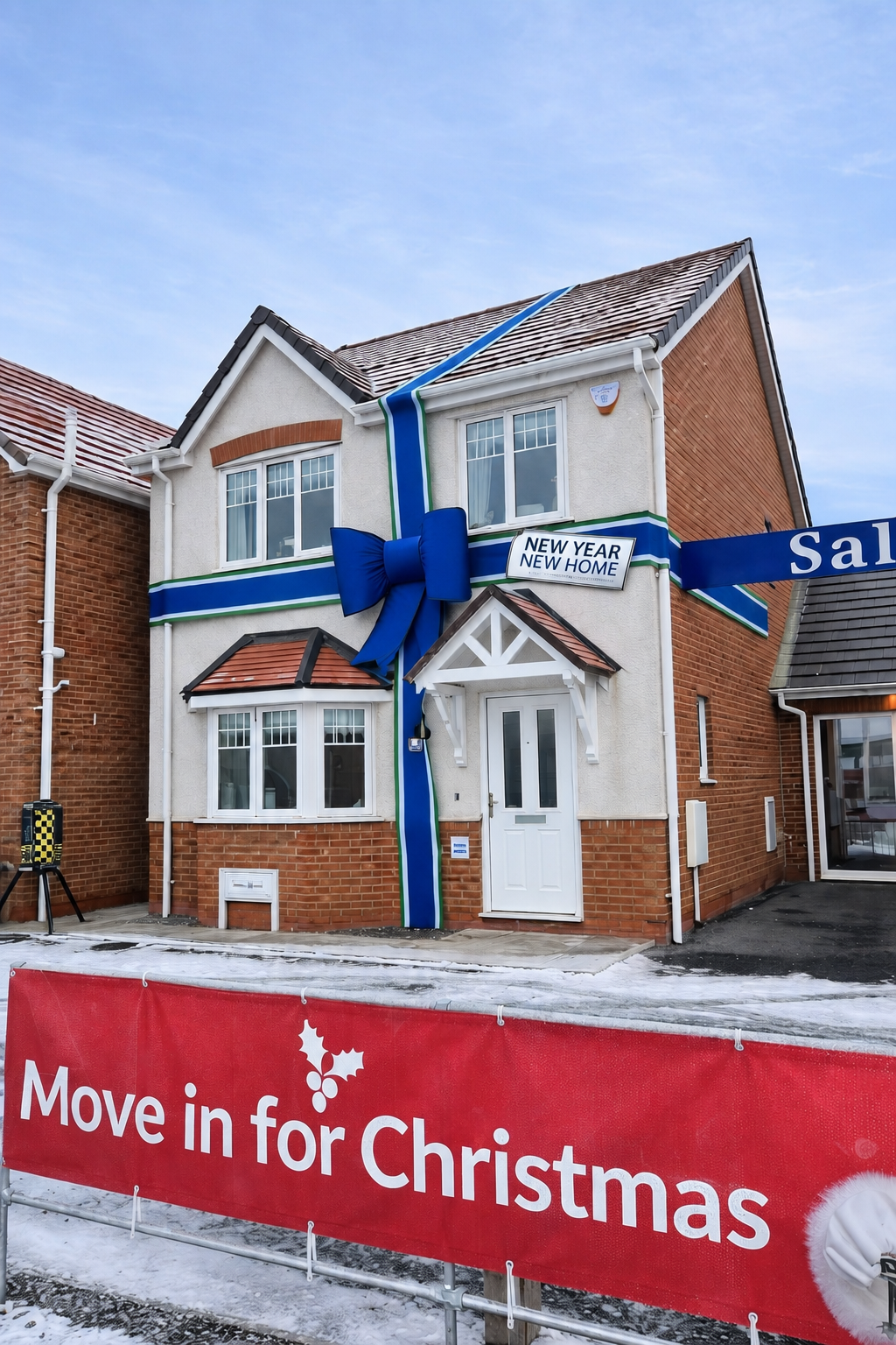 House with a large blue ribbon and 'New Year New Home' sign, with a 'Move in for Christmas' banner in front.